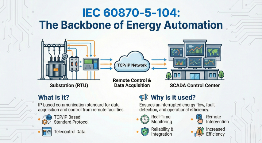 What is IEC 60870-5-104 and why is it used in power system automation?